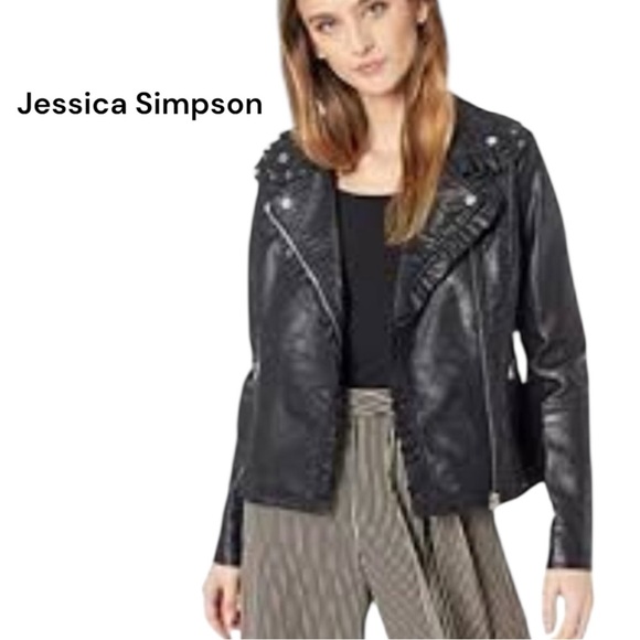 NWT Jessica Simpson Ruffled Black Faux Moto Leather Jacket Size Small - Picture 16 of 16